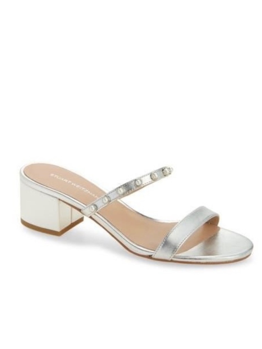 New Stuart Weitzman Pearly Strap Block Slide 50 Sandal in Silver Size 9.5